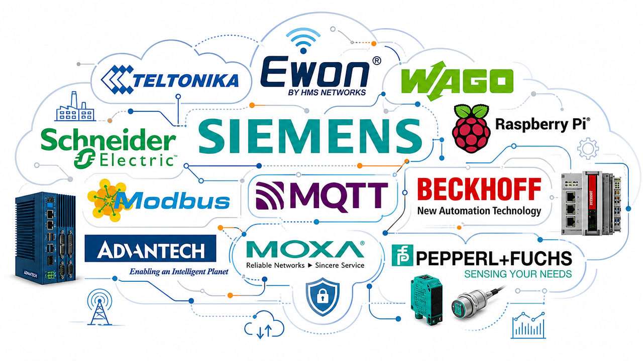 Nuvola di loghi di marchi di hardware IoT compatibili con MQTT e HTTP: Siemens, Teltonika, Ewon, Wago, Raspberry e altri